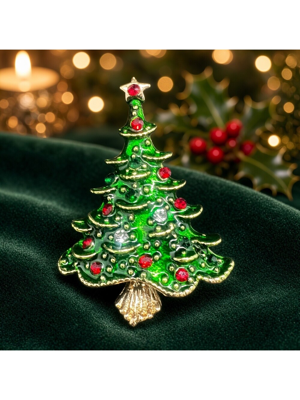 Bright Green Christmas Tree Brooch Vintage Rhinestone Holiday Pin